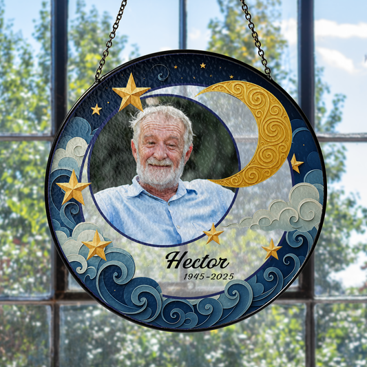 Personalized photo stained glass suncatcher hanging in a window, a unique & loving gift.