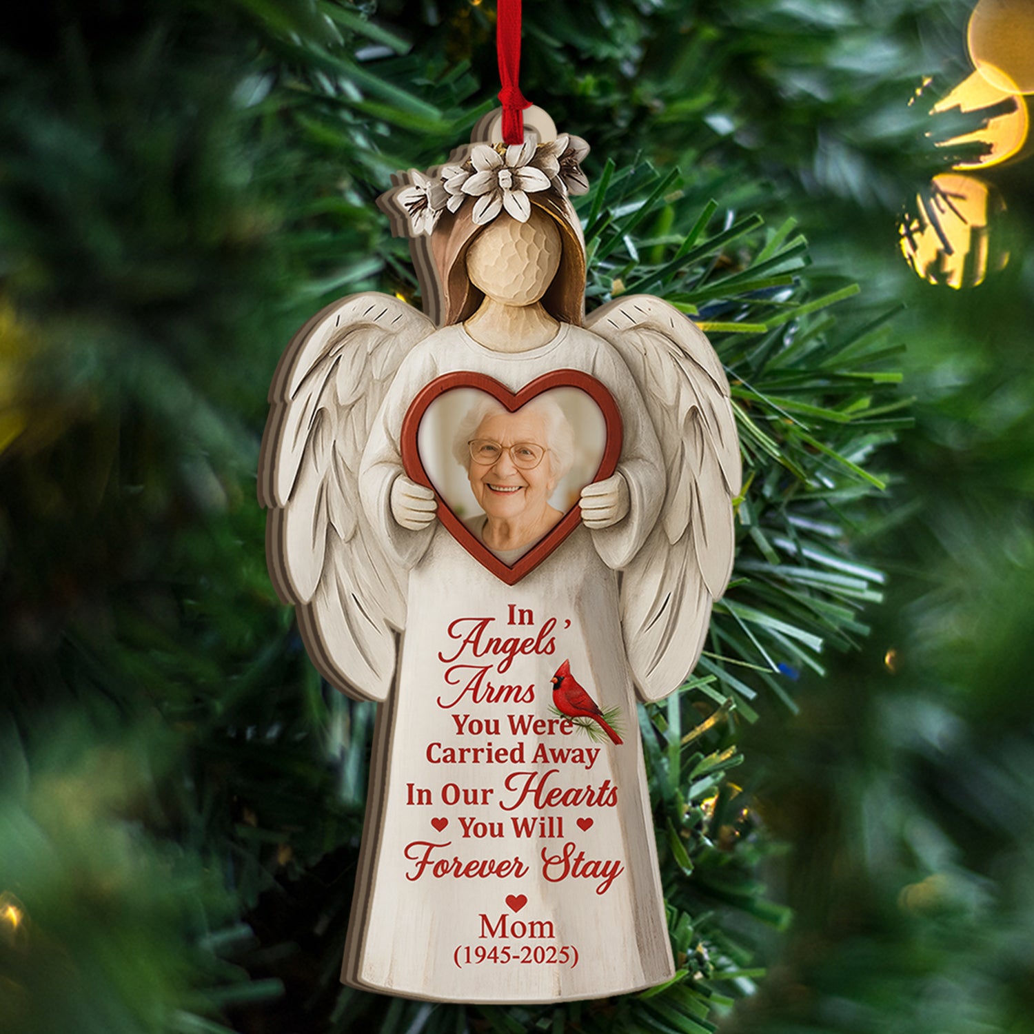Personalized "I Miss You" Memorial Christmas Ornament with custom name and dates, displayed against a warm background.