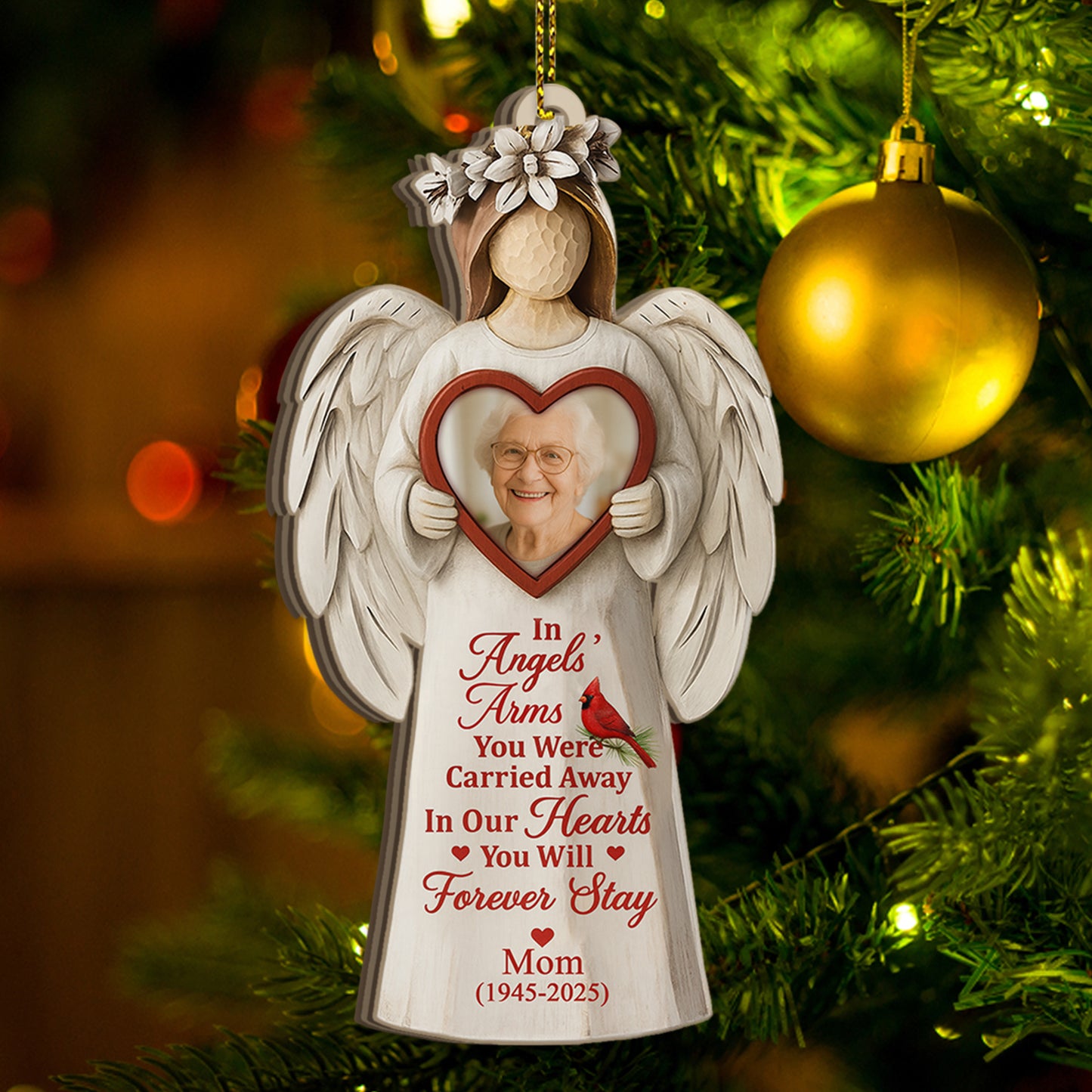 Personalized "I Miss You" Memorial Christmas Ornament with custom name and dates, displayed against a warm background.