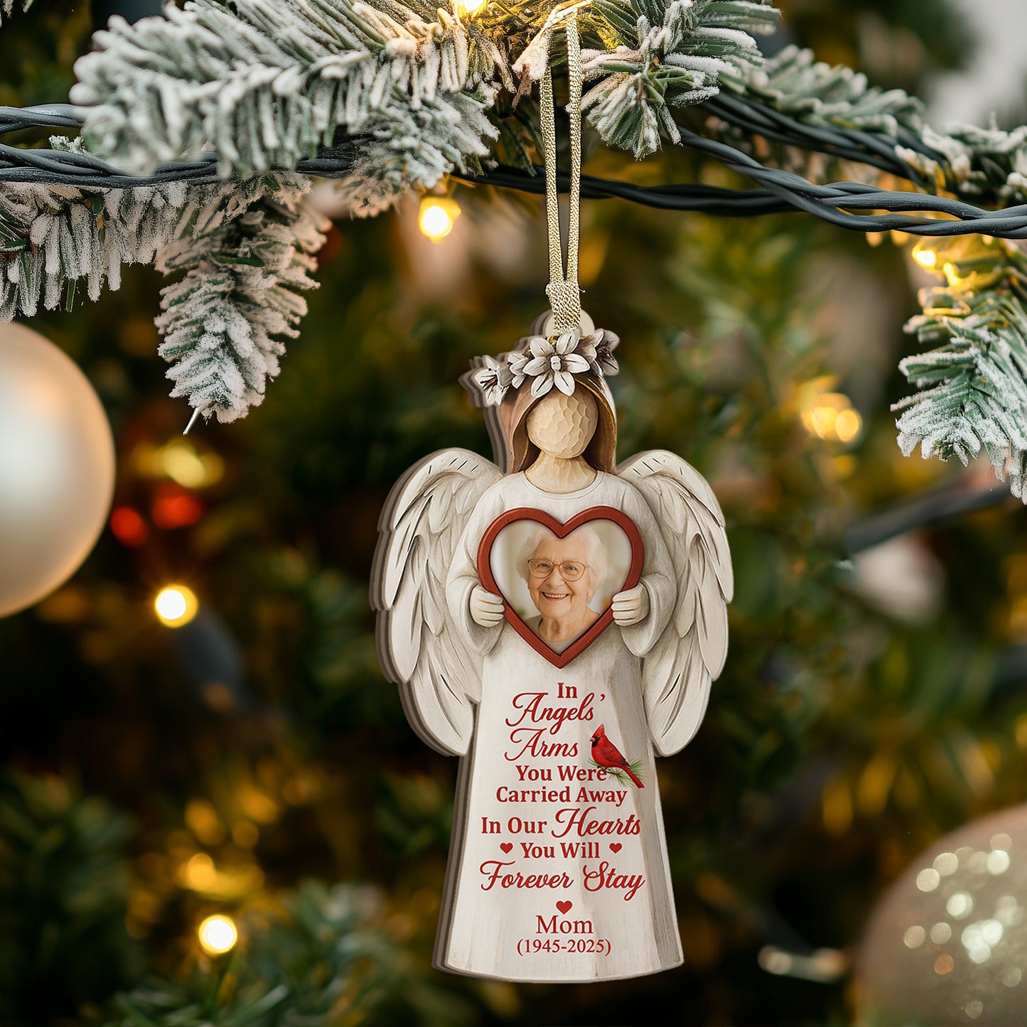 Personalized "I Miss You" Memorial Christmas Ornament with custom name and dates, displayed against a warm background.