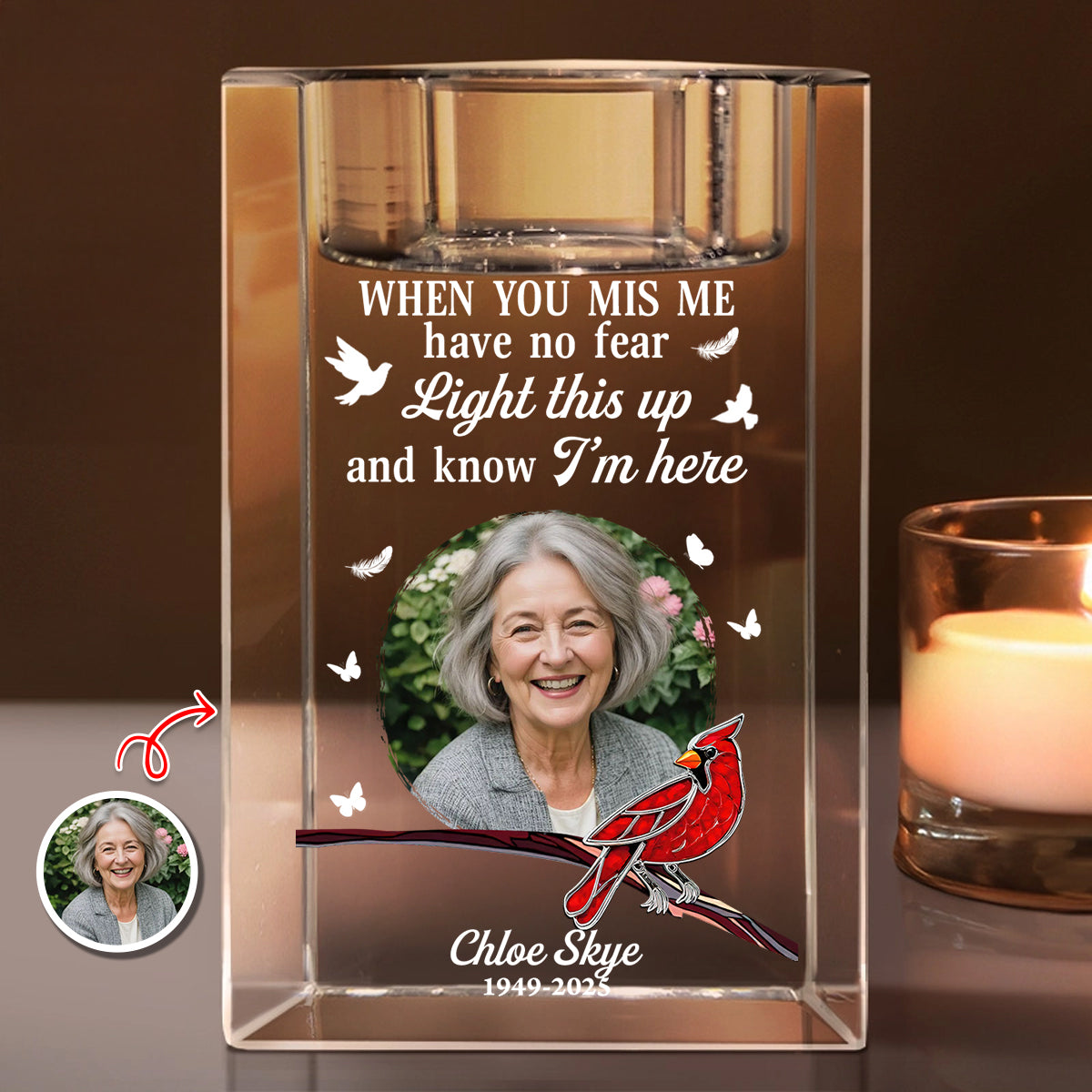 Personalized Crystal Candle Holder with "I Miss You" engraving.