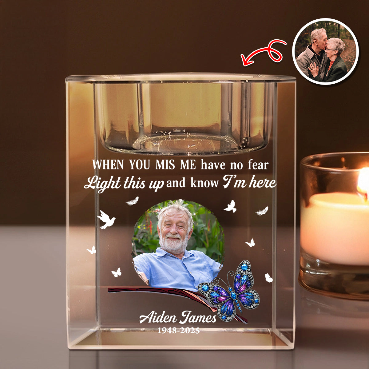 Personalized Crystal Candle Holder with "I Miss You" engraving.