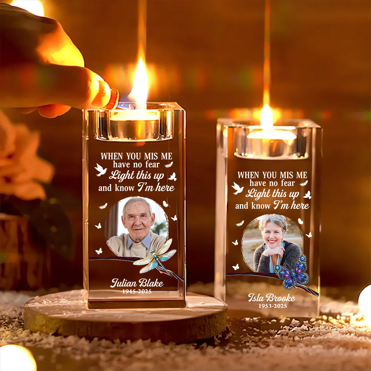 Personalized Crystal Candle Holder with "I Miss You" engraving.