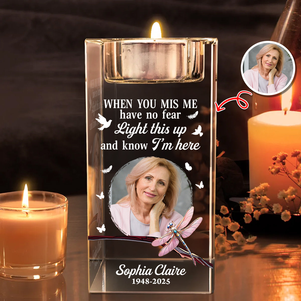 Personalized Crystal Candle Holder with "I Miss You" engraving.