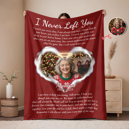 Personalized memorial blanket with "I Never Left You" message, a comforting sympathy gift.