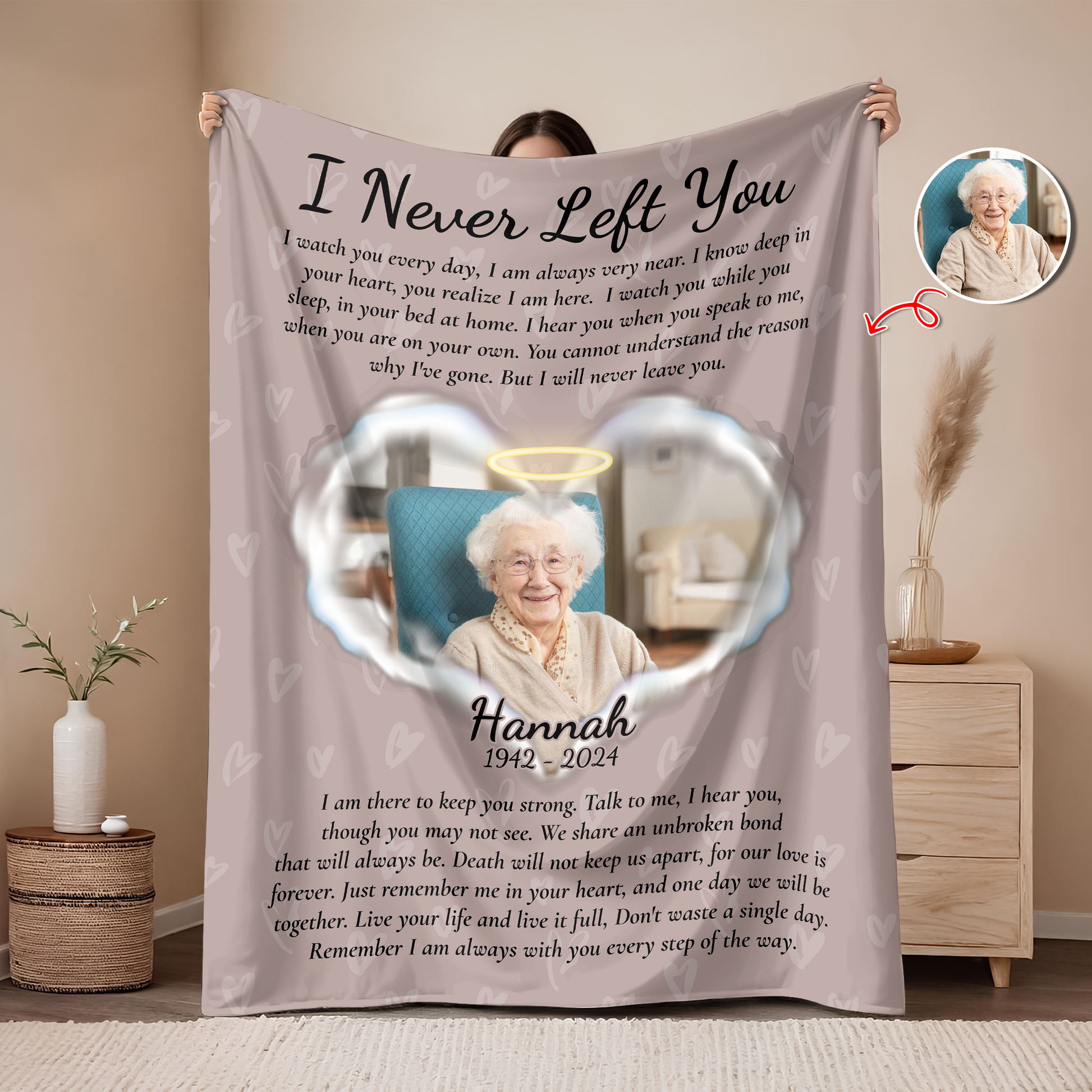 Personalized memorial blanket with "I Never Left You" message, a comforting sympathy gift.