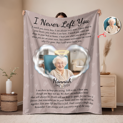 Personalized memorial blanket with "I Never Left You" message, a comforting sympathy gift.
