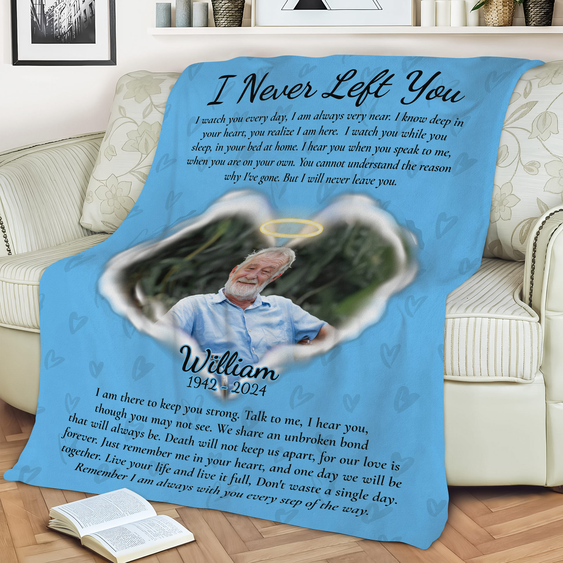 Personalized memorial blanket with "I Never Left You" message, a comforting sympathy gift.