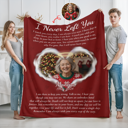 Personalized memorial blanket with "I Never Left You" message, a comforting sympathy gift.