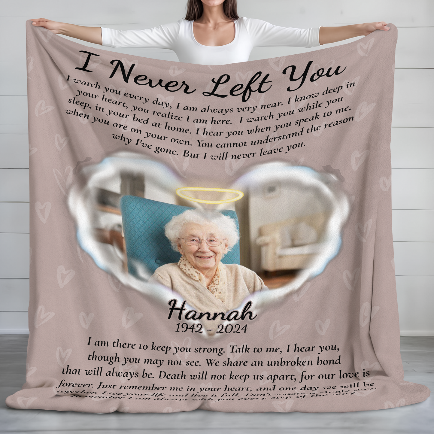 Personalized memorial blanket with "I Never Left You" message, a comforting sympathy gift.