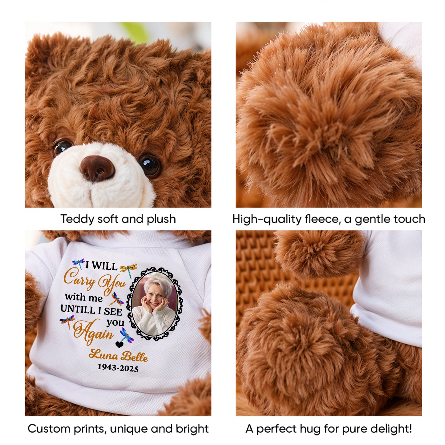 Personalized teddy bear with "I will carry this bear until I can carry you" message.