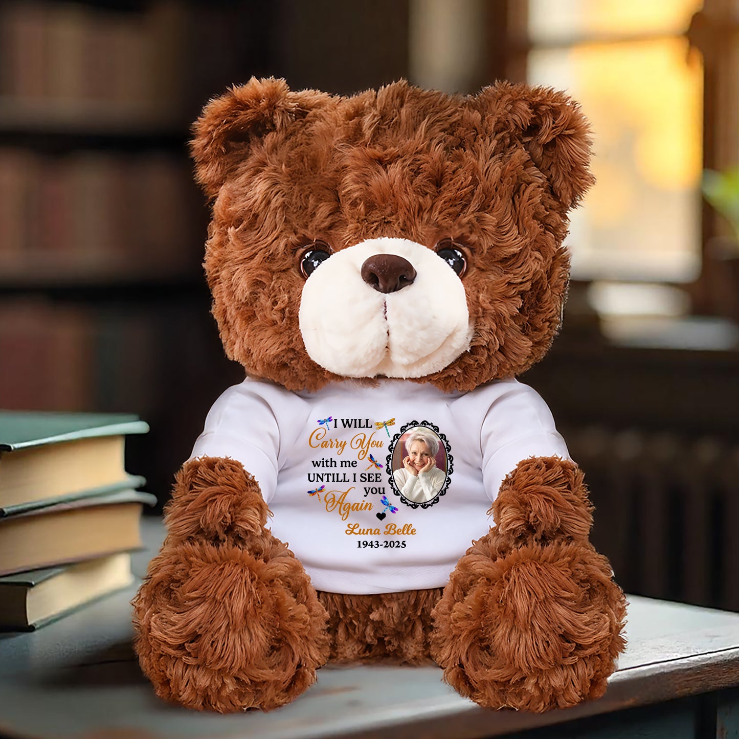 Personalized teddy bear with "I will carry this bear until I can carry you" message.