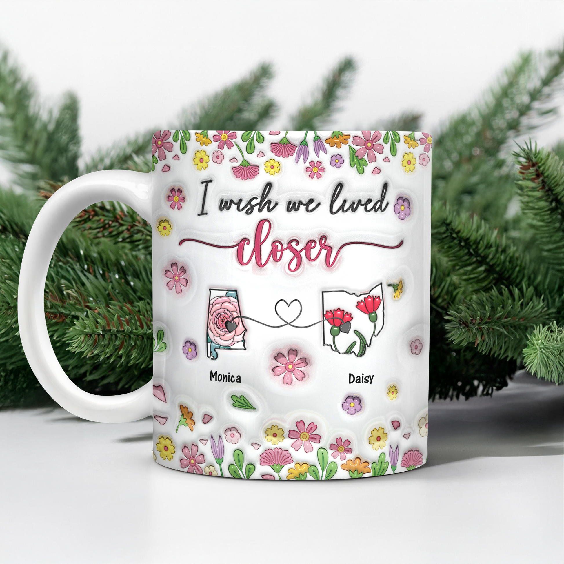 I Wish We Lived Closer Personalized Coffee Mug - custom 3D effect design showing connected states for long distance relationships.