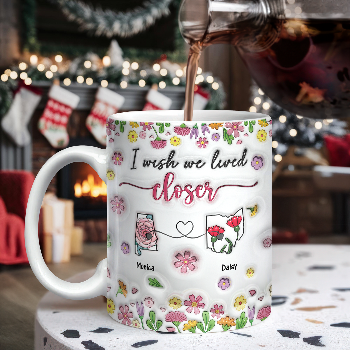 I Wish We Lived Closer Personalized Coffee Mug - custom 3D effect design showing connected states for long distance relationships.