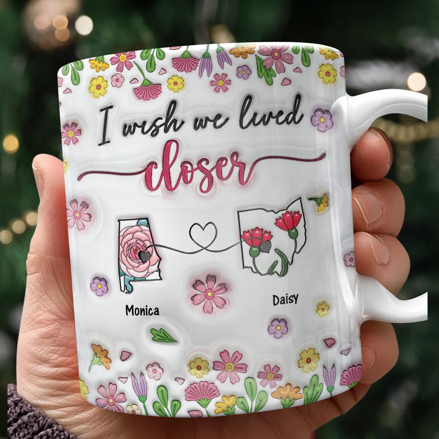 I Wish We Lived Closer Personalized Coffee Mug - custom 3D effect design showing connected states for long distance relationships.