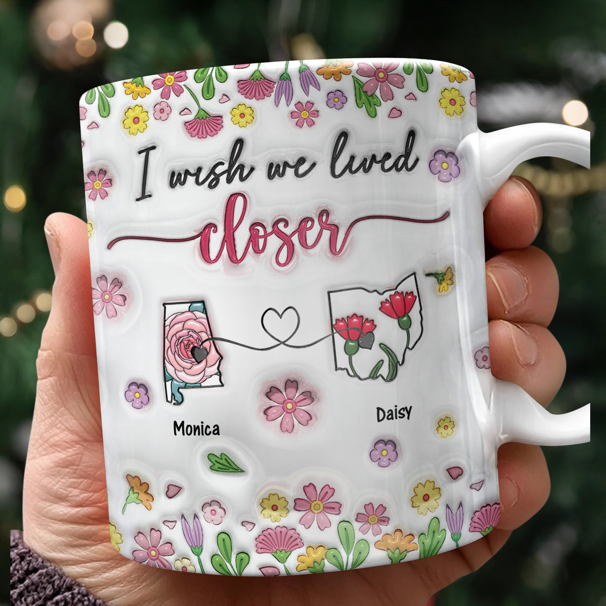 I Wish We Lived Closer Personalized Coffee Mug - custom 3D effect design showing connected states for long distance relationships.