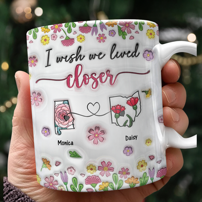 I Wish We Lived Closer Personalized Coffee Mug - custom 3D effect design showing connected states for long distance relationships.