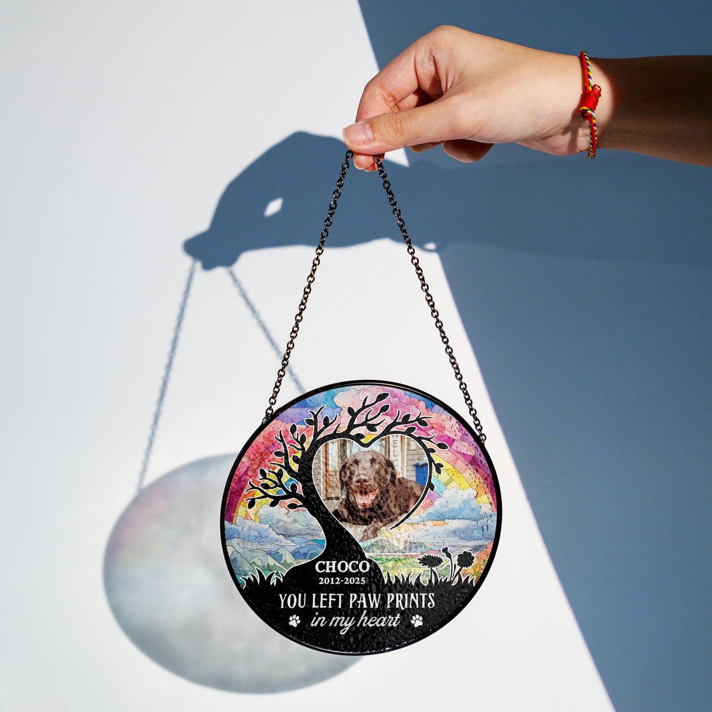 Personalized photo stained glass suncatcher with "If love could have saved you" message.