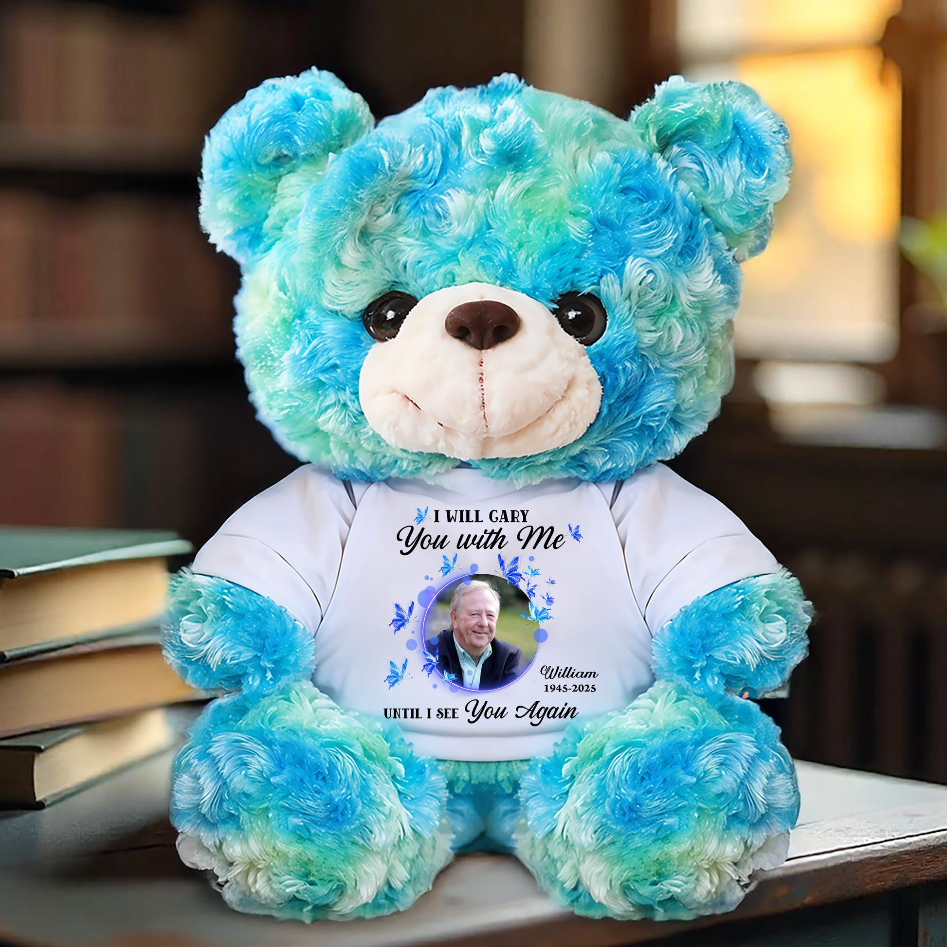 Personalized Memorial Teddy Bear with Custom Photo & "I'll Carry You With Me" message.