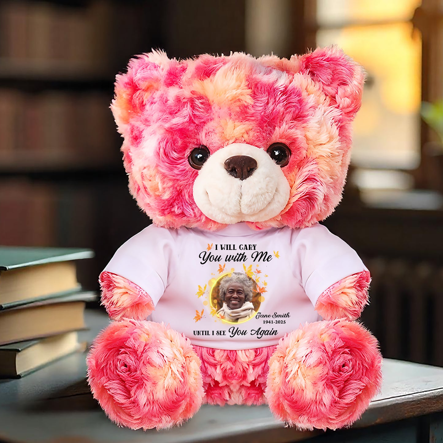 Personalized Memorial Teddy Bear with Custom Photo & "I'll Carry You With Me" message.