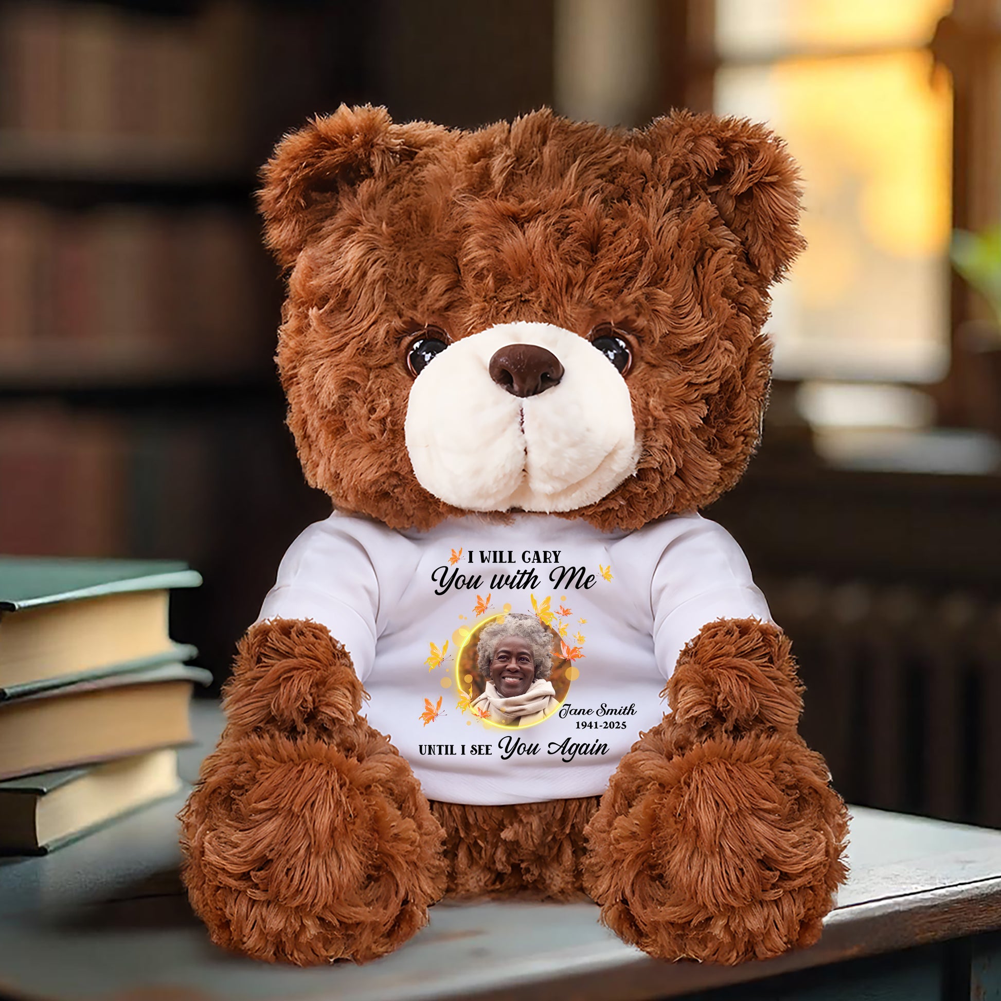 Personalized Memorial Teddy Bear with Custom Photo & "I'll Carry You With Me" message.