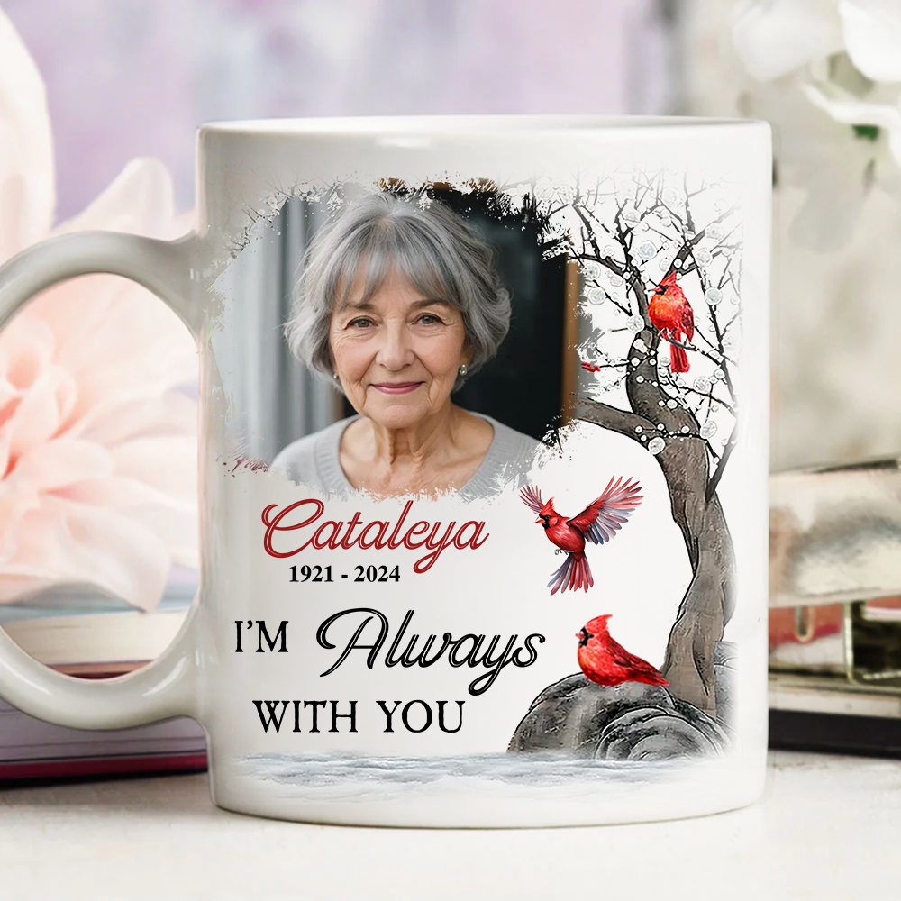 Personalized "I'm Always With You" custom coffee mug with loving photo and text.
