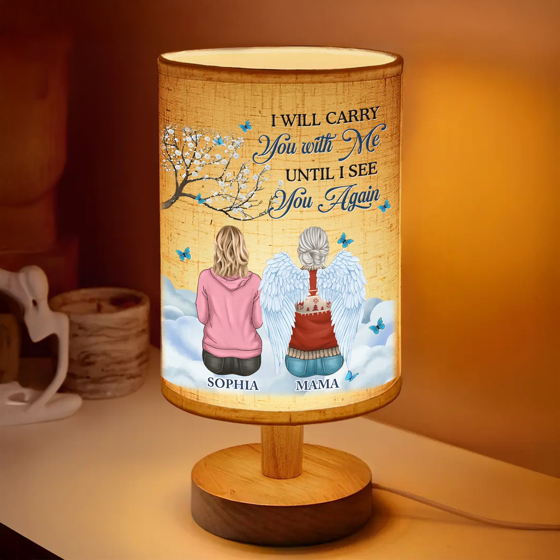Personalized Fabric Lamp with custom photo and "I'm Always With You" message, a unique memorial gift.