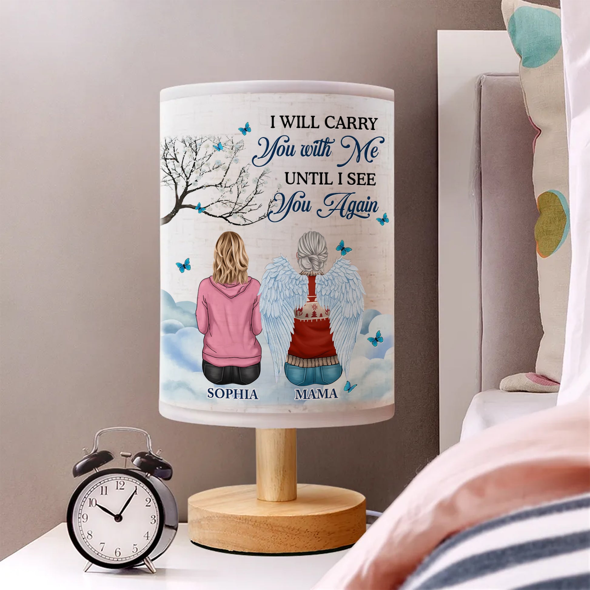 Personalized Fabric Lamp with custom photo and "I'm Always With You" message, a unique memorial gift.