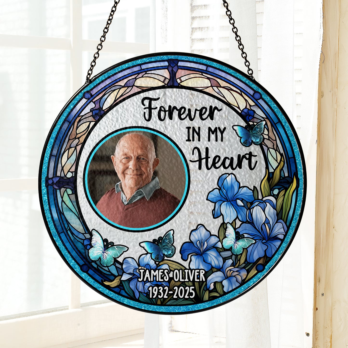 Personalized photo stained glass suncatcher, a memorial window hanging gift to remember loved ones.