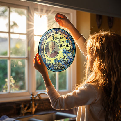 Personalized photo stained glass suncatcher, a memorial window hanging gift to remember loved ones.