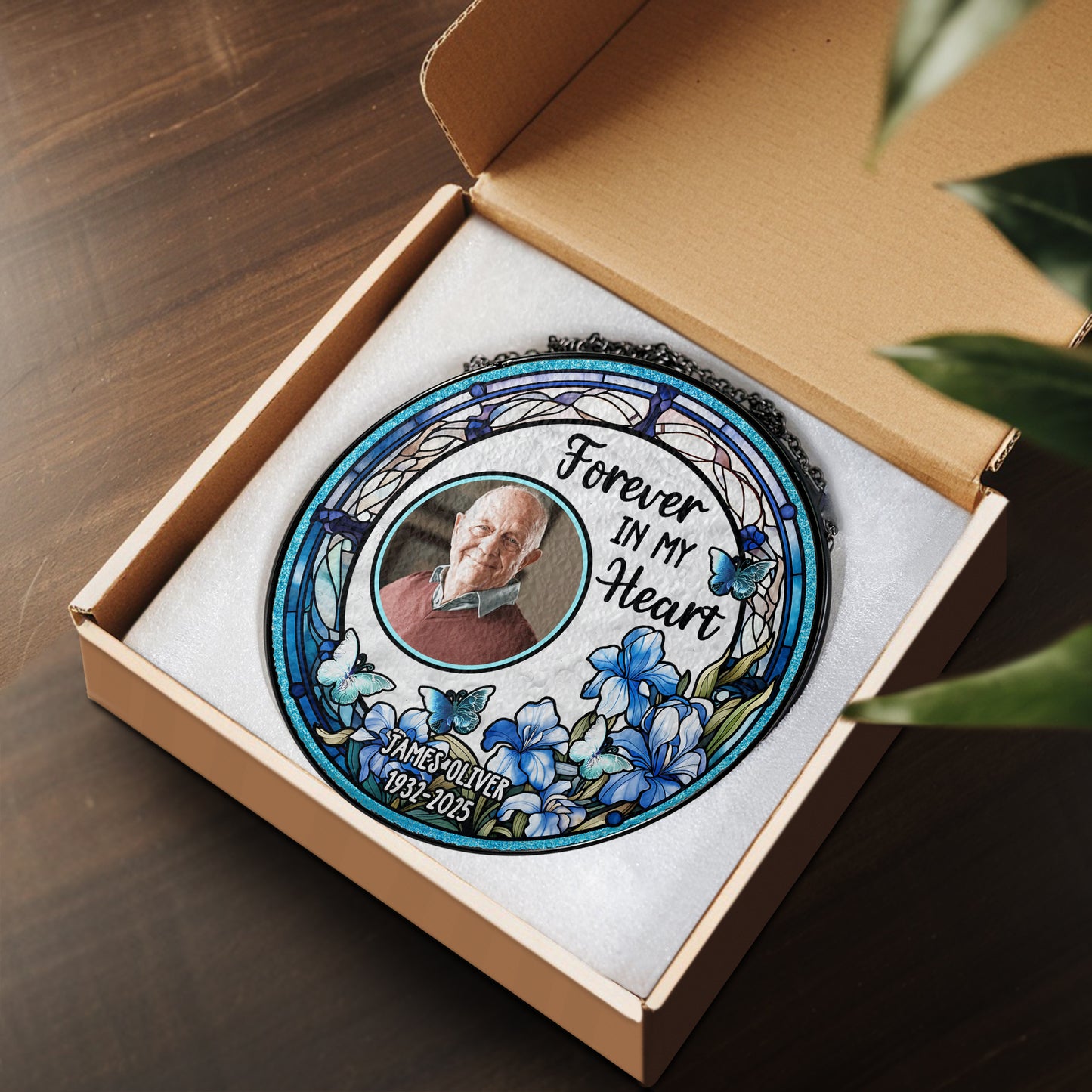 Personalized photo stained glass suncatcher, a memorial window hanging gift to remember loved ones.