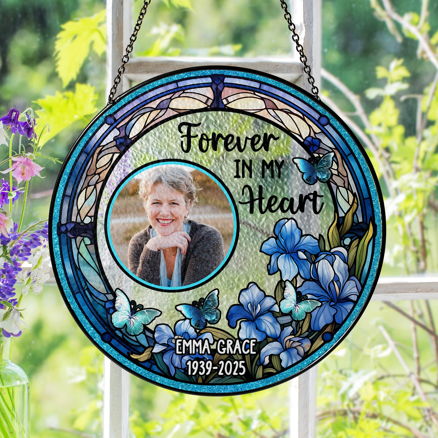 Personalized photo stained glass suncatcher, a memorial window hanging gift to remember loved ones.
