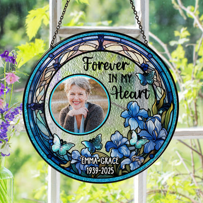 Personalized photo stained glass suncatcher, a memorial window hanging gift to remember loved ones.