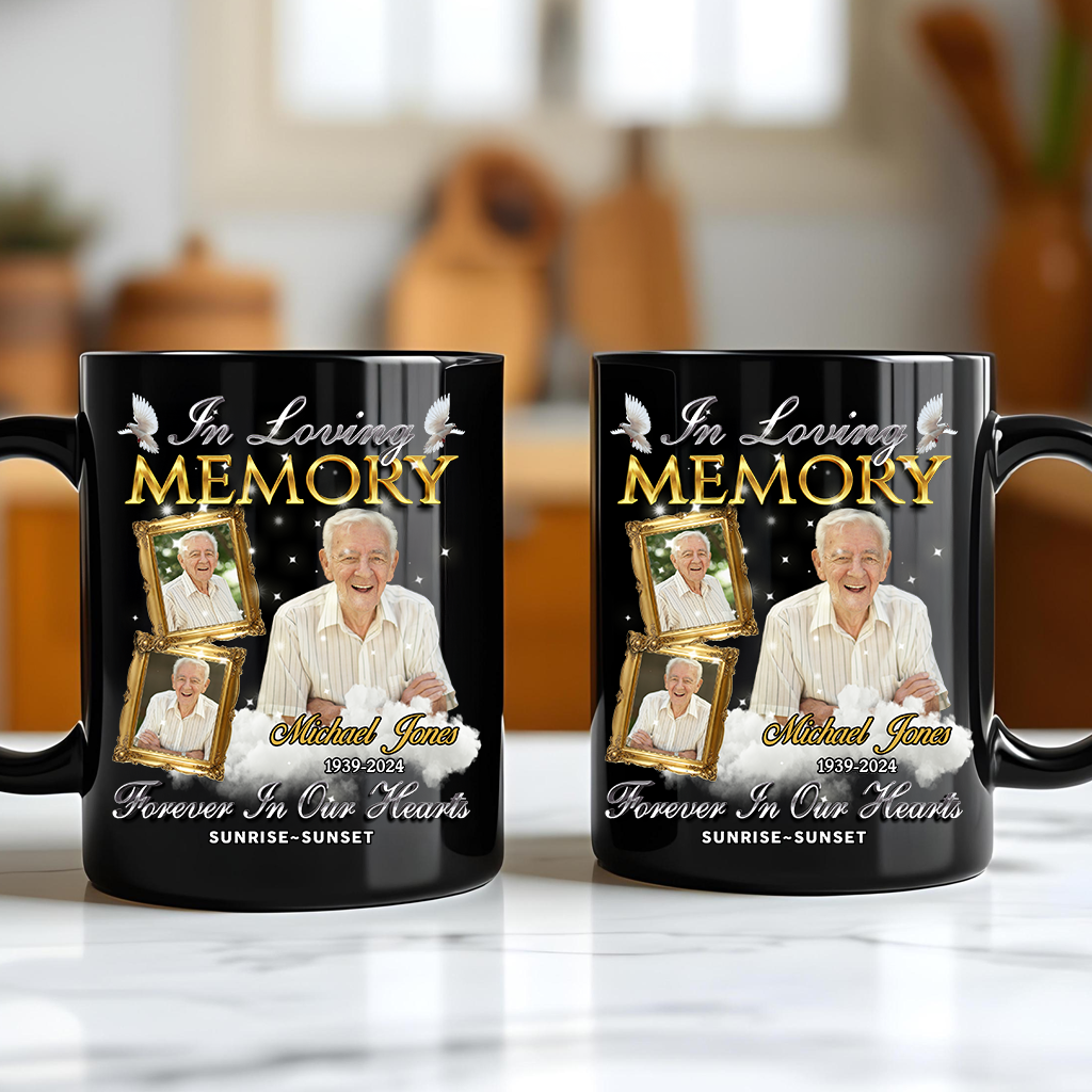 Personalized In Loving Memory Coffee Mug with custom photo and dates.