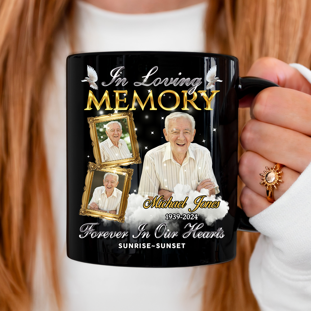 Personalized In Loving Memory Coffee Mug with custom photo and dates.