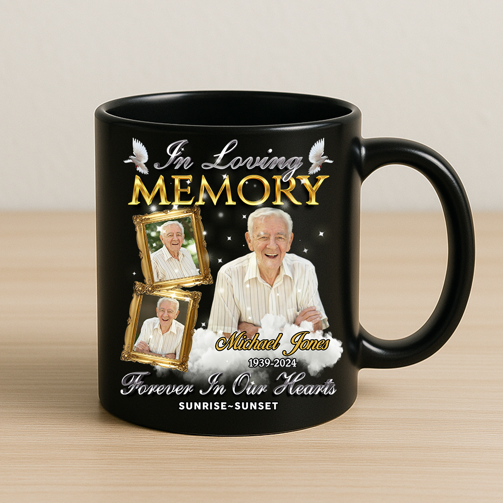 Personalized In Loving Memory Coffee Mug with custom photo and dates.