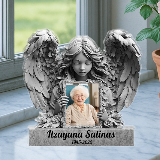 Personalized In Loving Memories Angel Memorial Acrylic Plaque with custom name and dates.