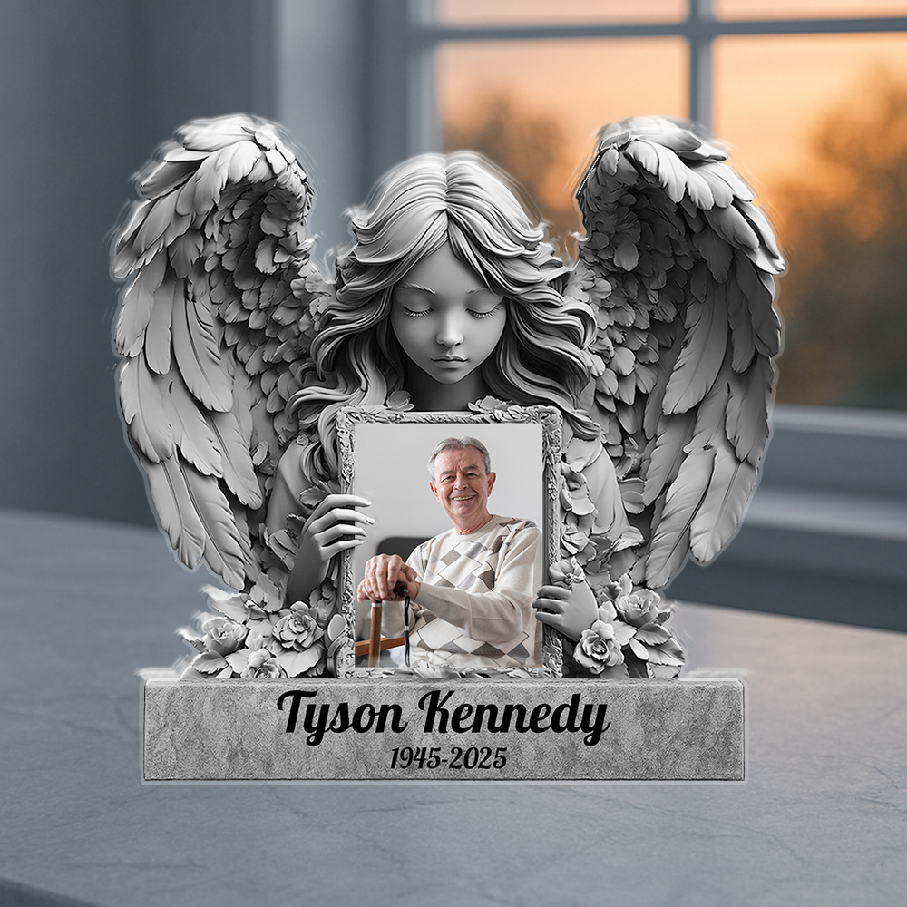 Personalized In Loving Memories Angel Memorial Acrylic Plaque with custom name and dates.
