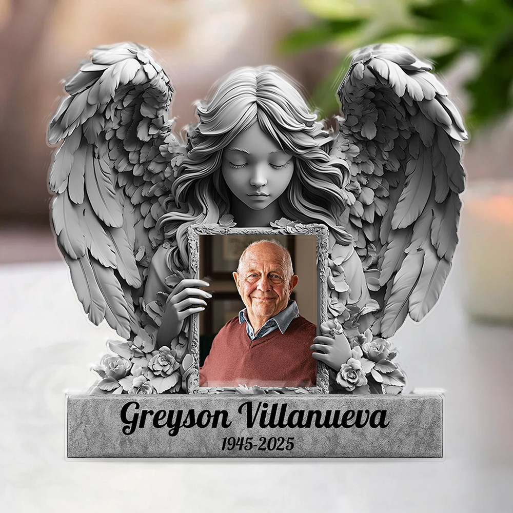 Personalized In Loving Memories Angel Memorial Acrylic Plaque with custom name and dates.