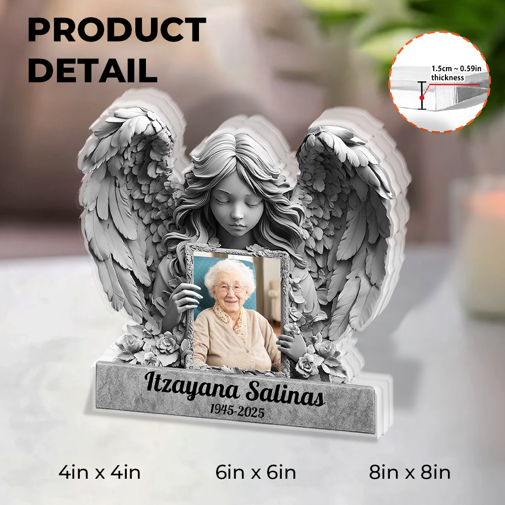 Personalized In Loving Memories Angel Memorial Acrylic Plaque with custom name and dates.