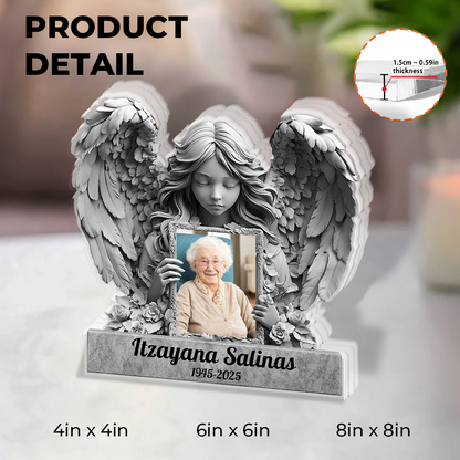 Personalized In Loving Memories Angel Memorial Acrylic Plaque with custom name and dates.
