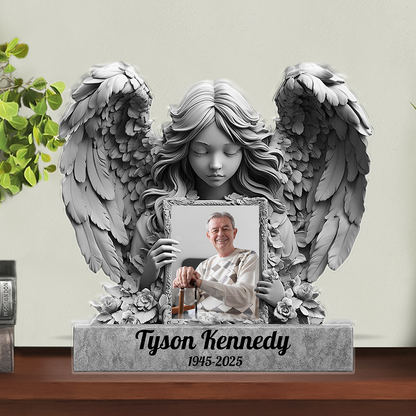 Personalized In Loving Memories Angel Memorial Acrylic Plaque with custom name and dates.