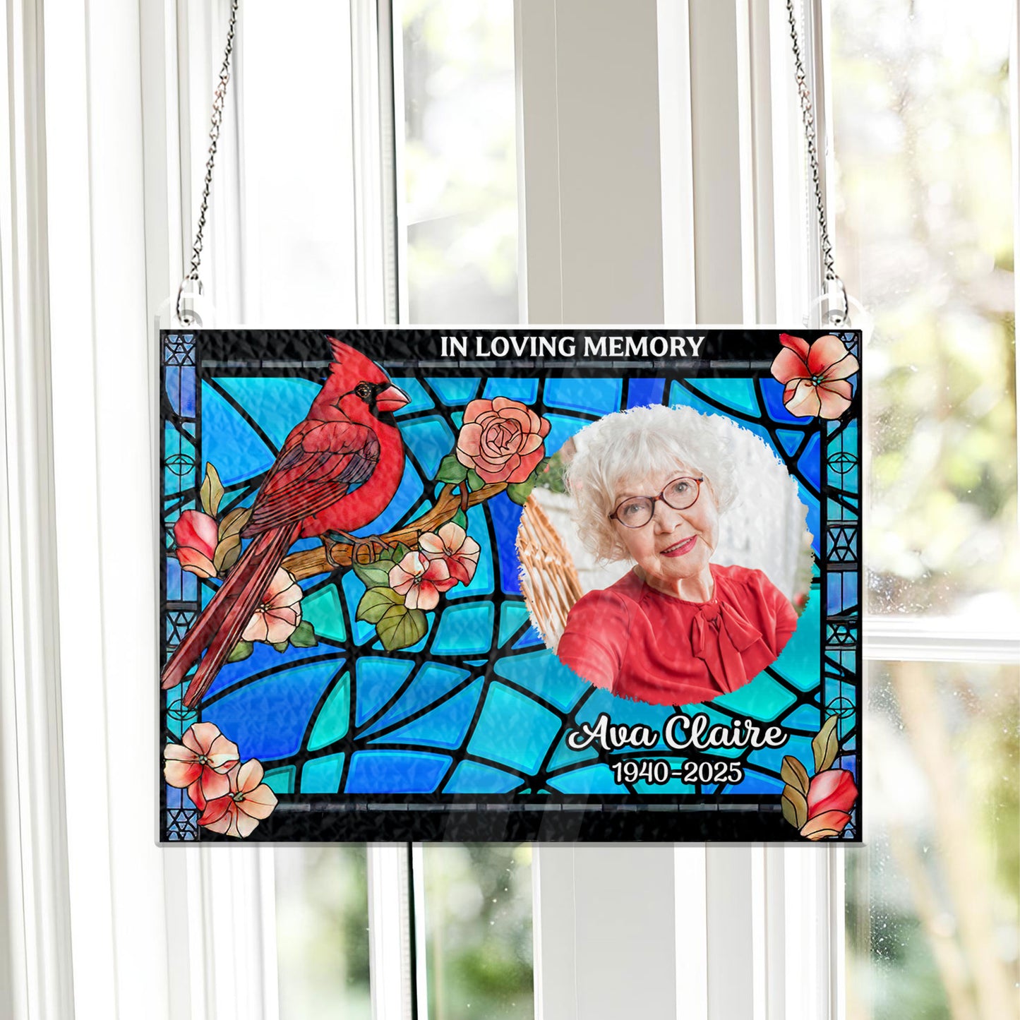 Personalized memorial stained glass suncatcher with cardinal and custom photo. In loving memories gift.