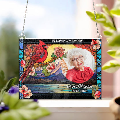 Personalized memorial stained glass suncatcher with cardinal and custom photo. In loving memories gift.
