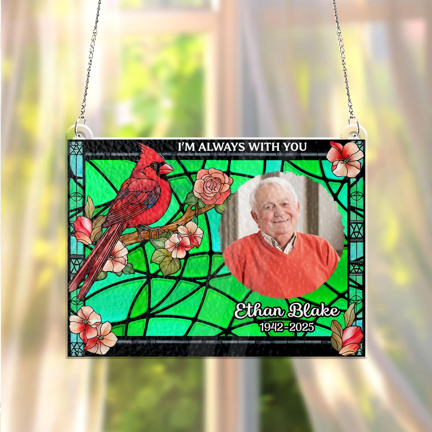 Personalized memorial stained glass suncatcher with cardinal and custom photo. In loving memories gift.