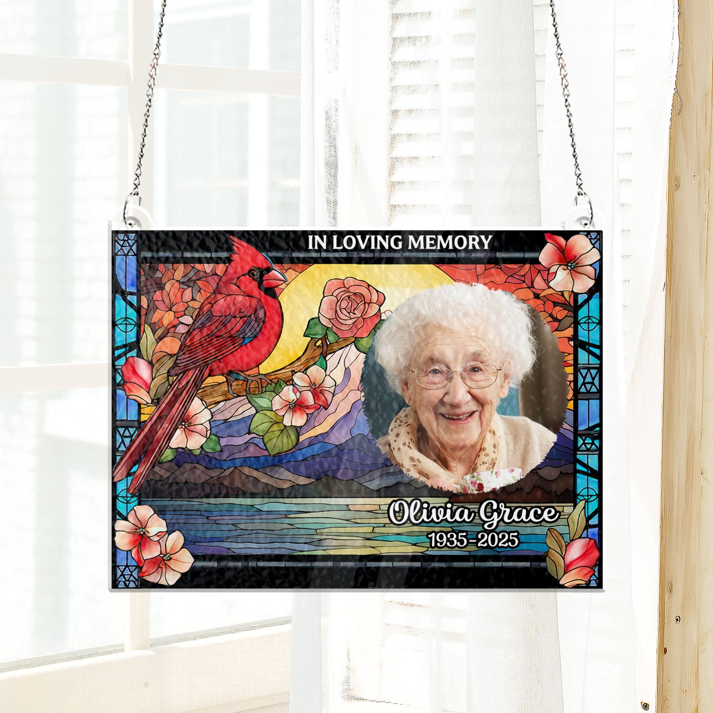 Personalized memorial stained glass suncatcher with cardinal and custom photo. In loving memories gift.