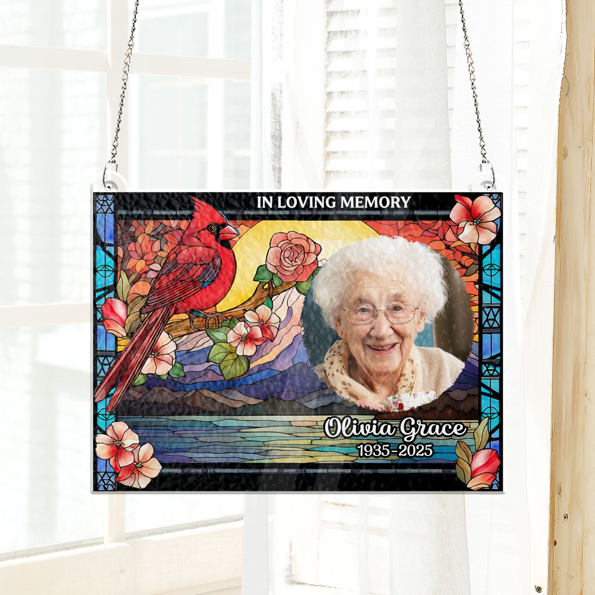 Personalized memorial stained glass suncatcher with cardinal and custom photo. In loving memories gift.
