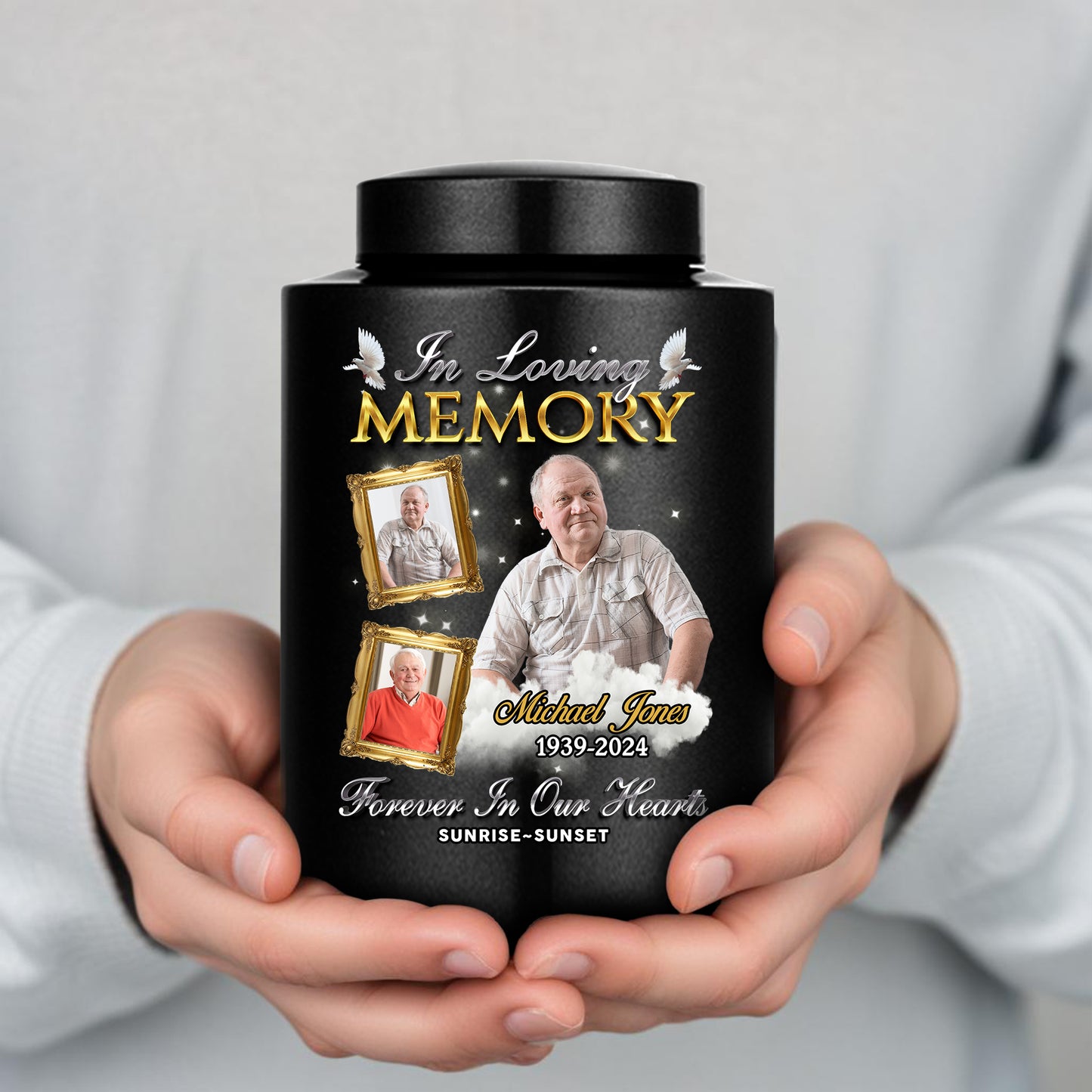 In Loving Memories Custom Photo Keepsake Wings Urn for Ashes. Stainless steel memorial urn.