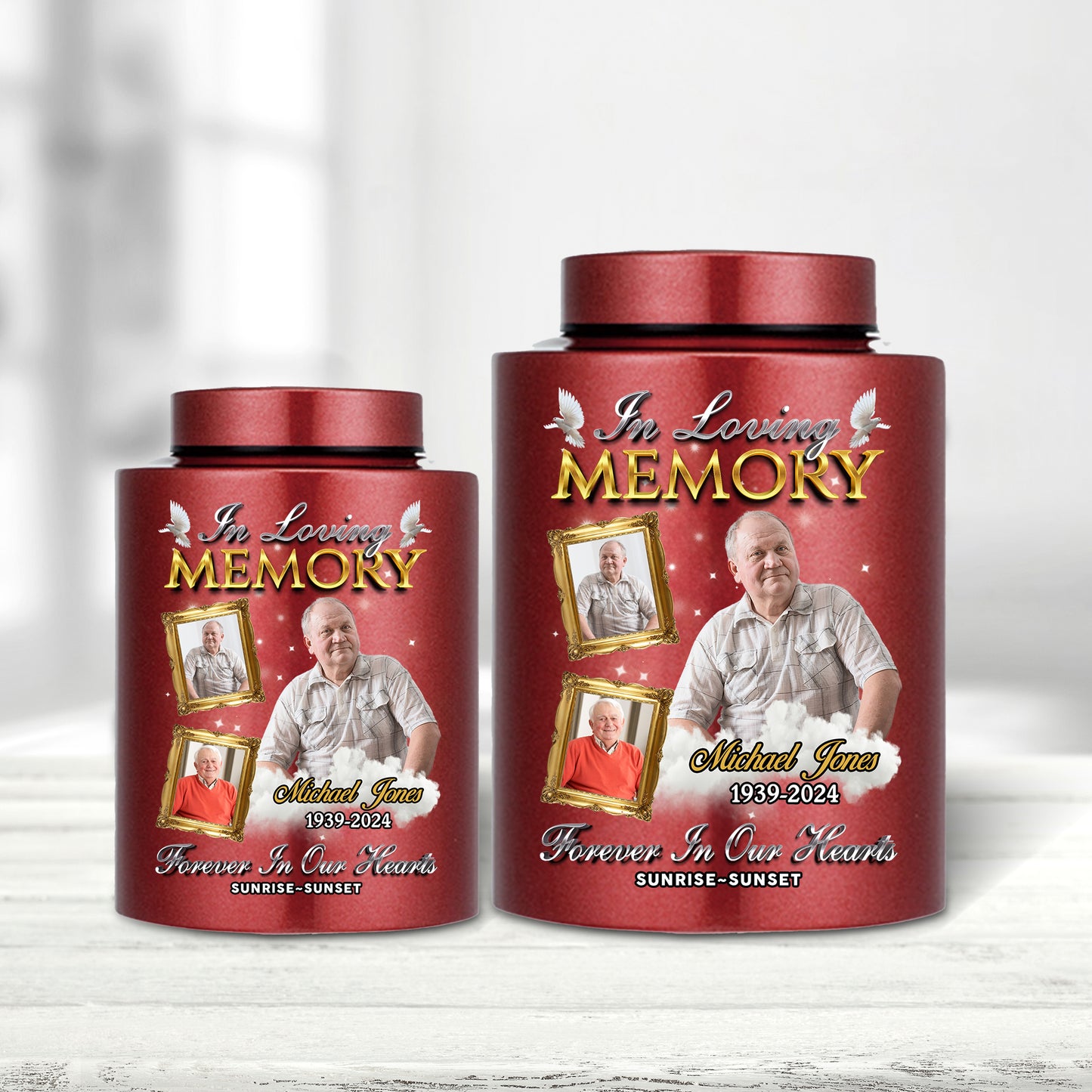 In Loving Memories Custom Photo Keepsake Wings Urn for Ashes. Stainless steel memorial urn.