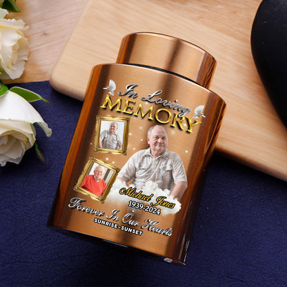 In Loving Memories Custom Photo Keepsake Wings Urn for Ashes. Stainless steel memorial urn.